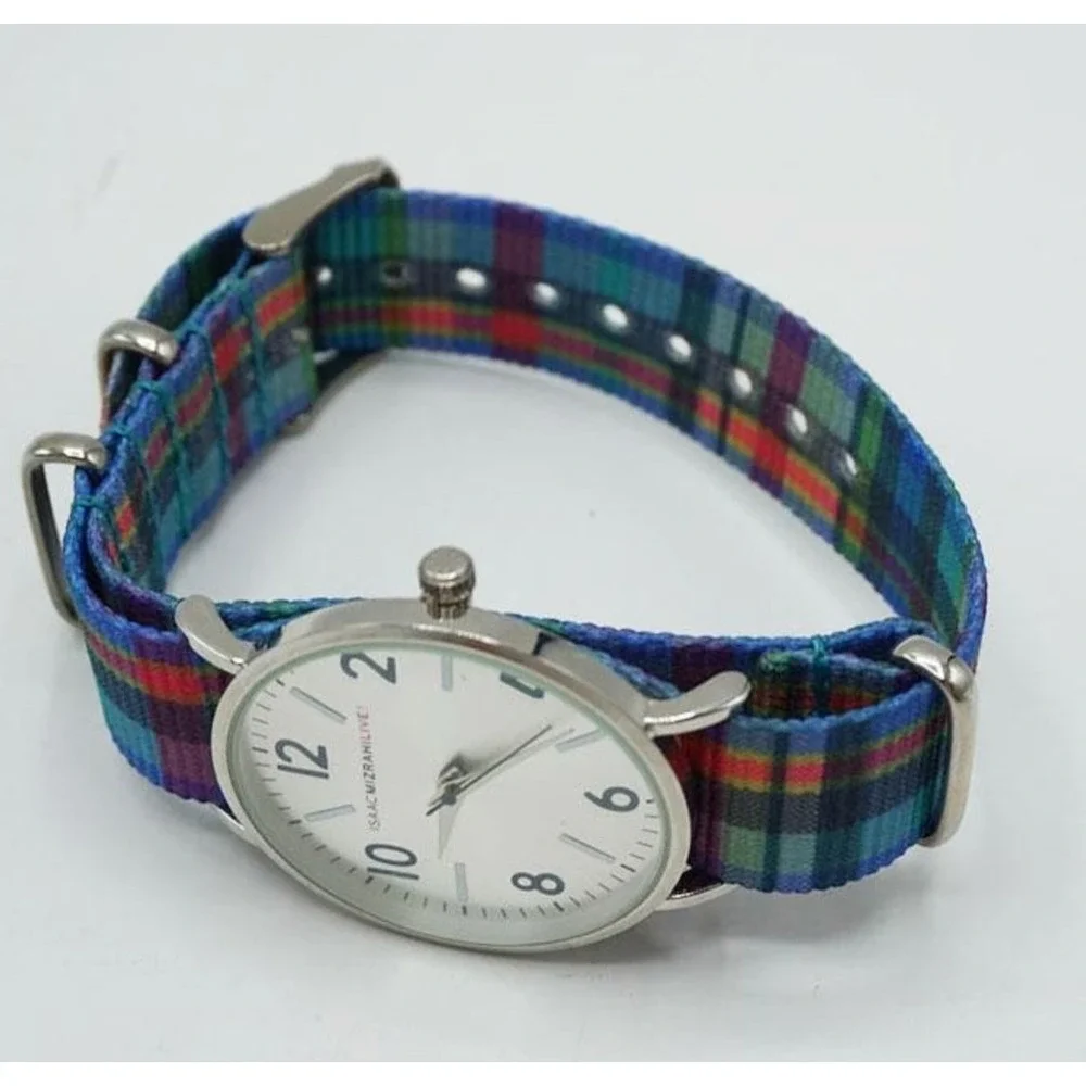 Isaac Mizrahi Live Ladies Analog Quartz Watch Silver Dial Plaid Nylon Strap 38mm